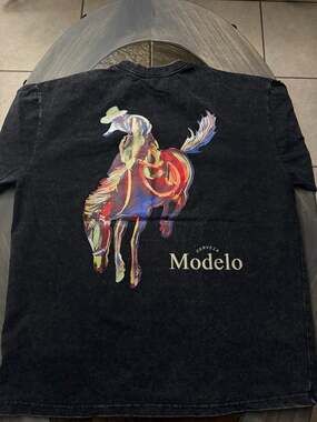 Cerveza Modelo Black Acid Wash Cowboy Horse Graphic T-Shirt large